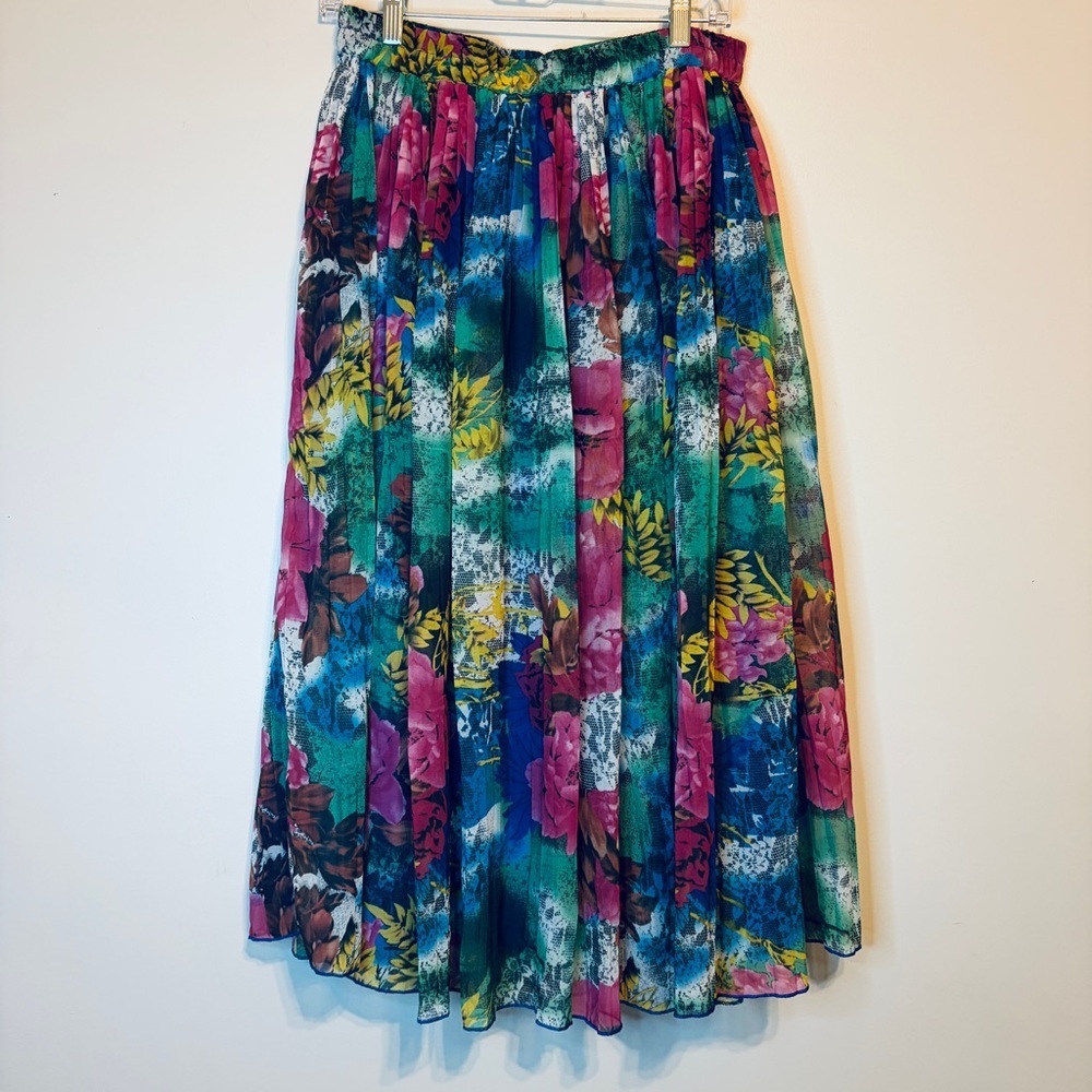Floral Pleated Midi Skirt in Teal & Magenta